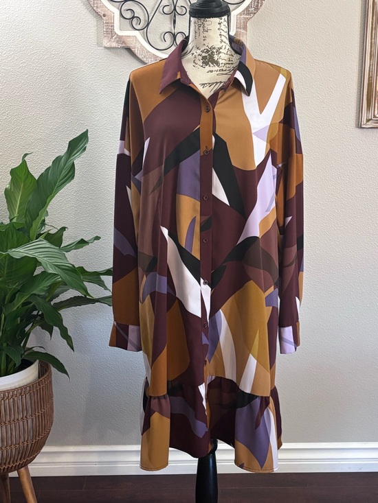 Nine West Dresses & Skirts - Nine West Abstract Button-Front Long-Sleeve Dress - Maroon, Mustard & Lavender